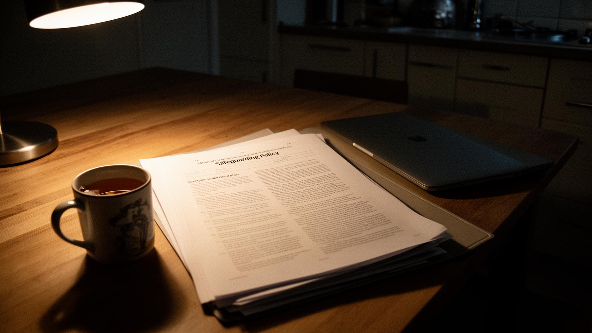 An open ring binder of safeguarding policies on a wooden table