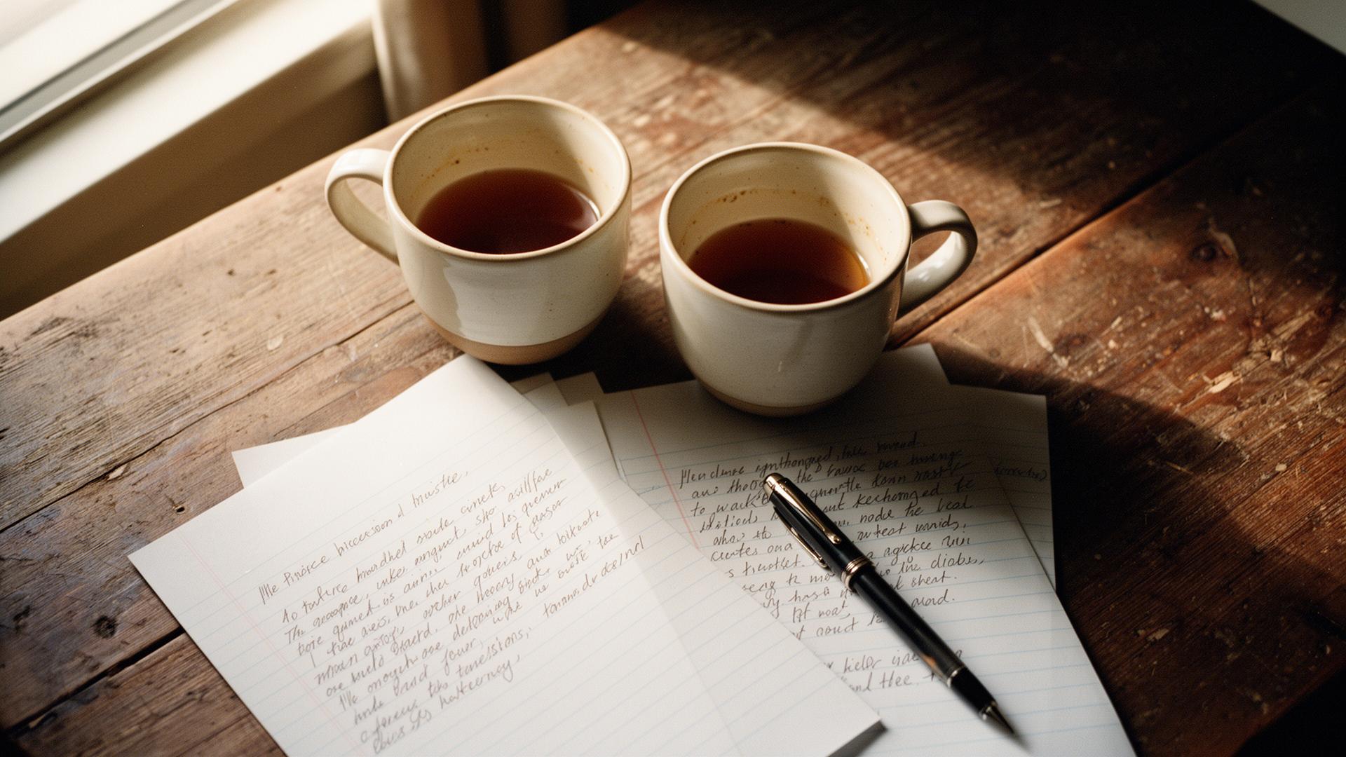 Two mugs of tea on a wooden table with notes and a fountain pen