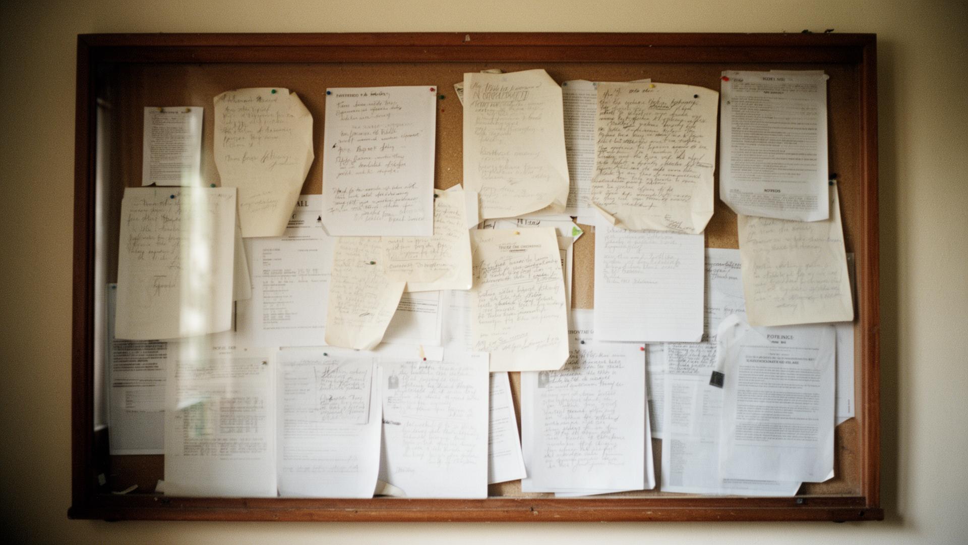 A community noticeboard layered with pinned papers and handwritten notes